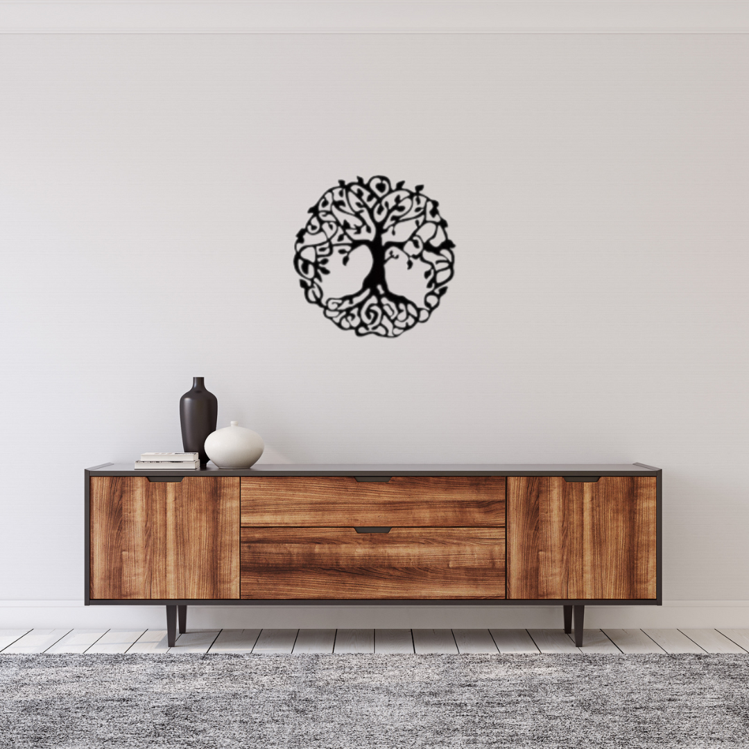 Black Bodh Tree wall decor with intricate detailing, mounted on a white wall above a modern wooden console, adding a spiritual and elegant touch to the room.
