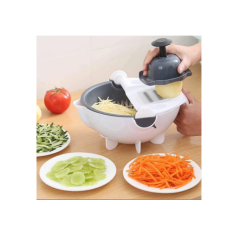 Multifunctional vegetable slicer and grater with a built-in strainer, shown in use with shredded vegetables and sliced ingredients on plates, ideal for efficient kitchen preparation.