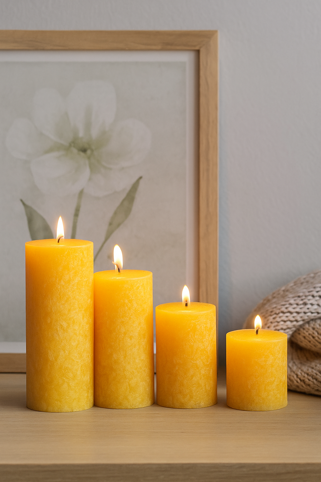 Four yellow candles on a wooden surface with a framed picture in the background.