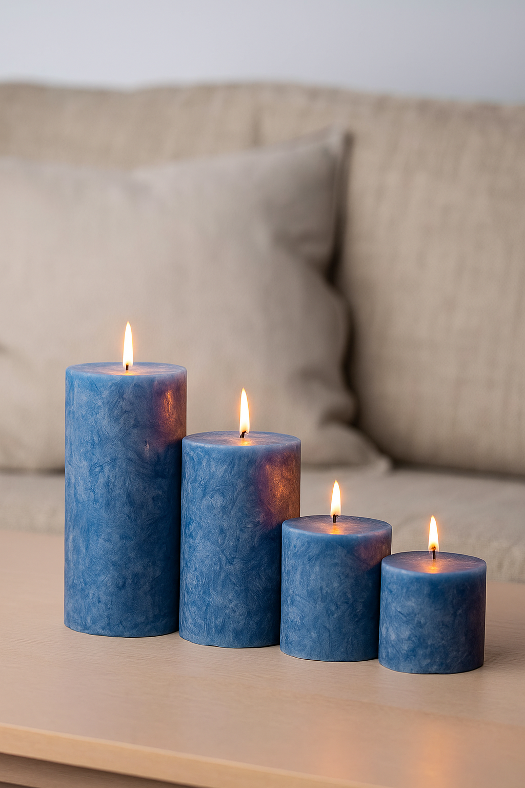 Four blue candles on a table with a beige sofa in the background
