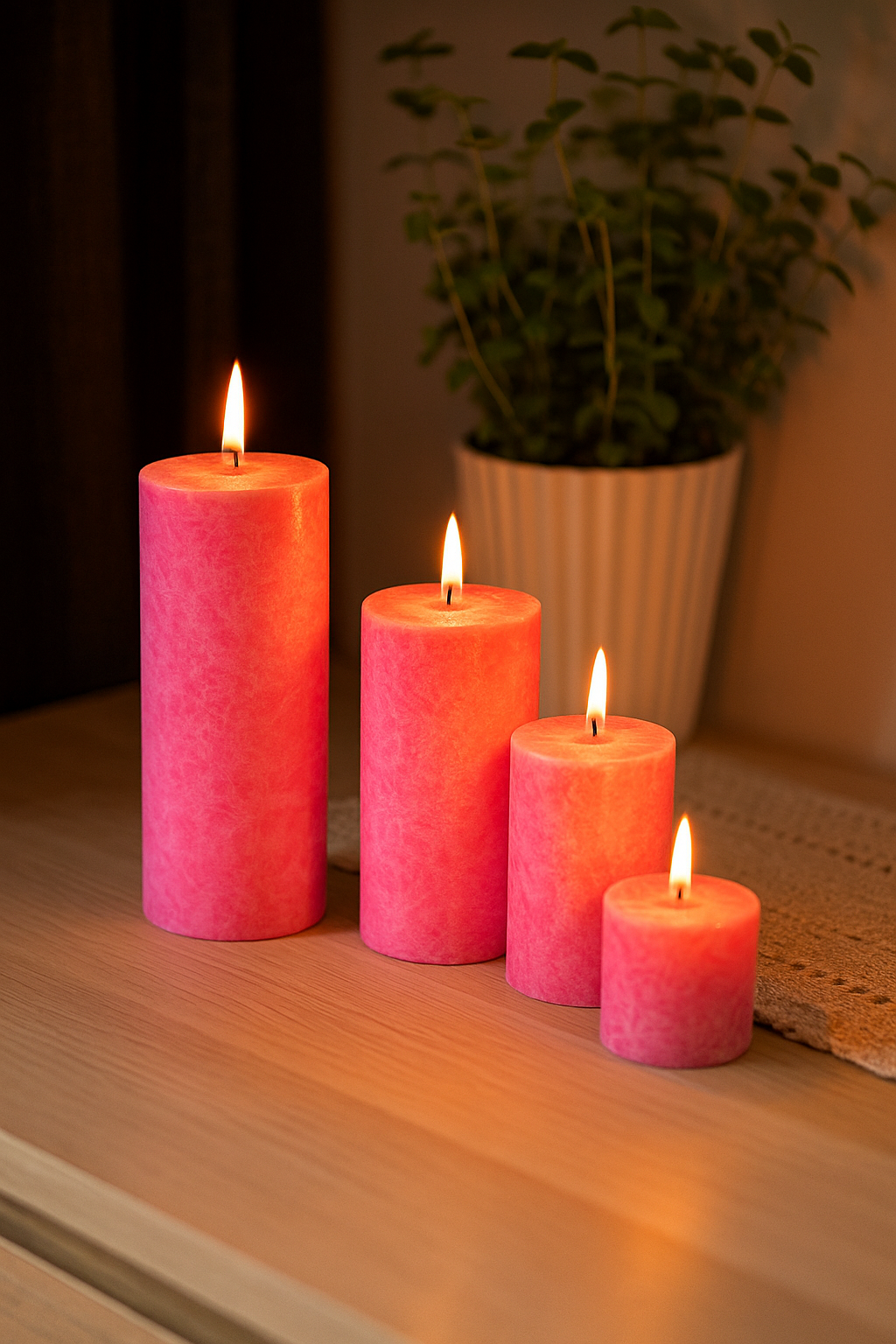 Four pink candles with a plant in the background on a wooden surface