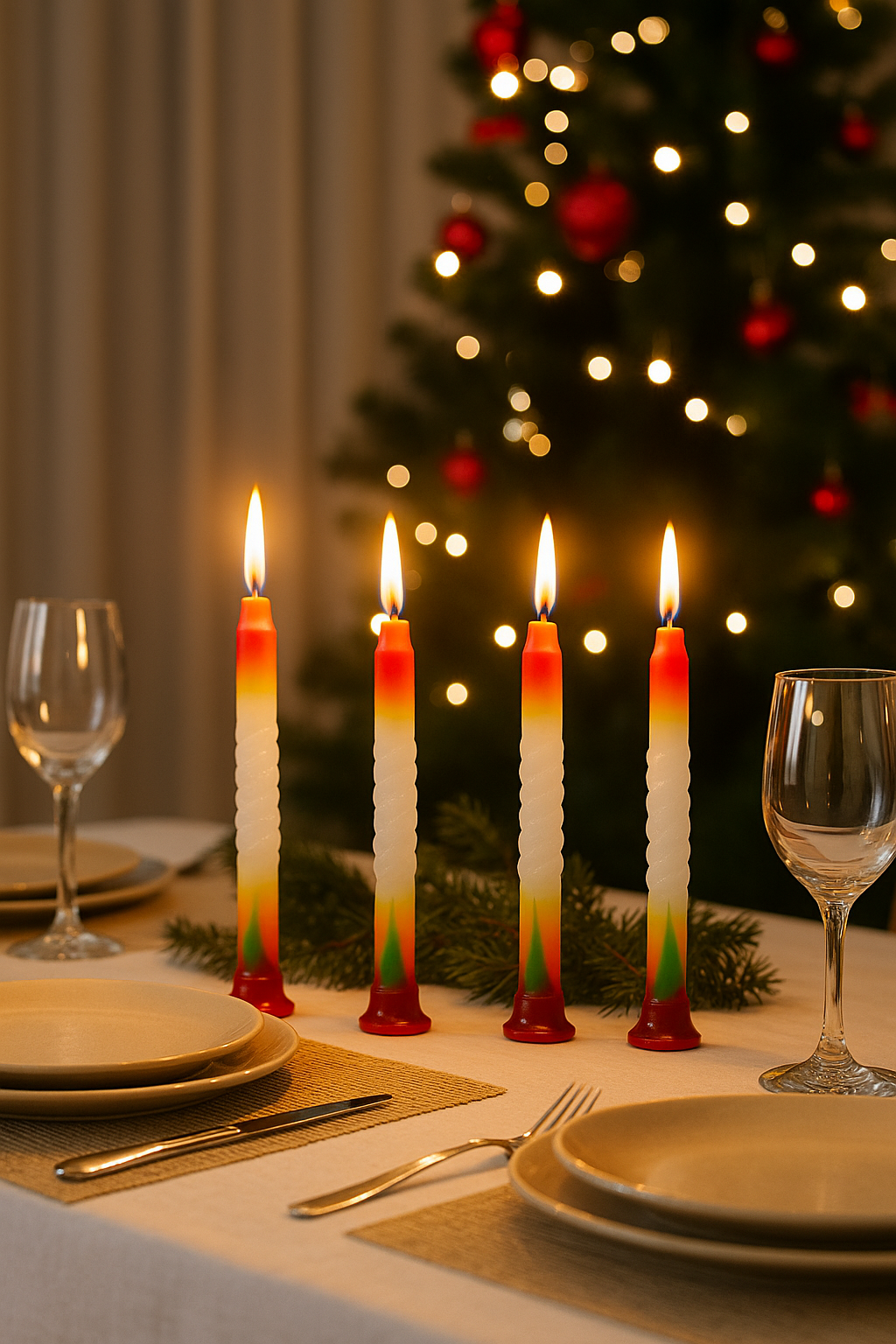 Decorative candles with a Christmas tree in the background