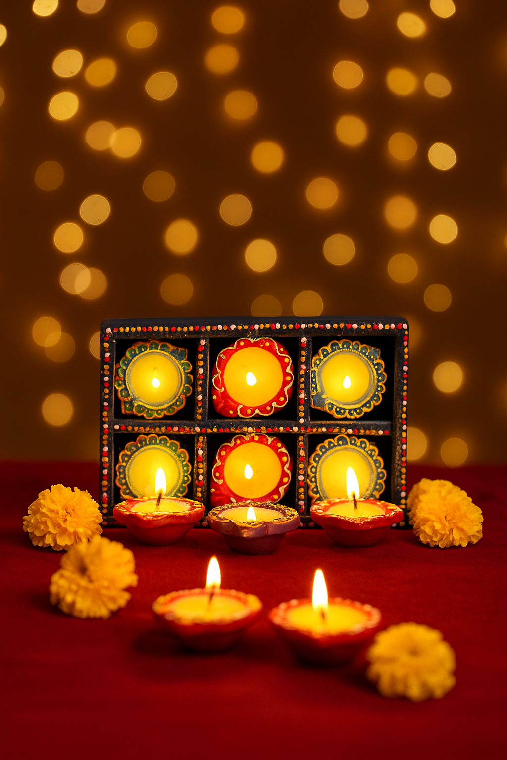 Decorative handpainted candle diyas with a bokeh light background