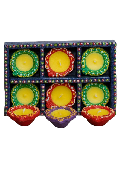Colorful decorative candle diyas in box for Diwali and festive celebrations