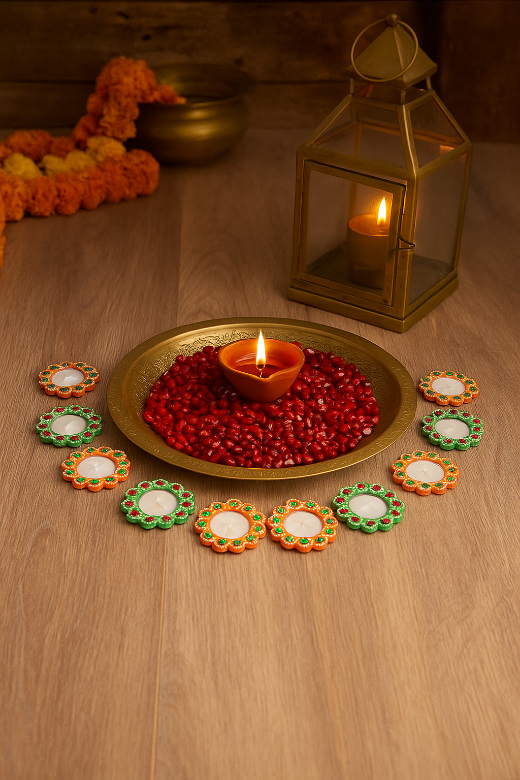Decorative candle diyas around a brass plate for diwali decoration
