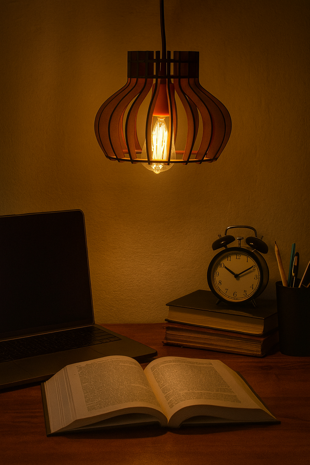 Laptop, open book, alarm clock, and pencils on a desk under a warm pendant light.