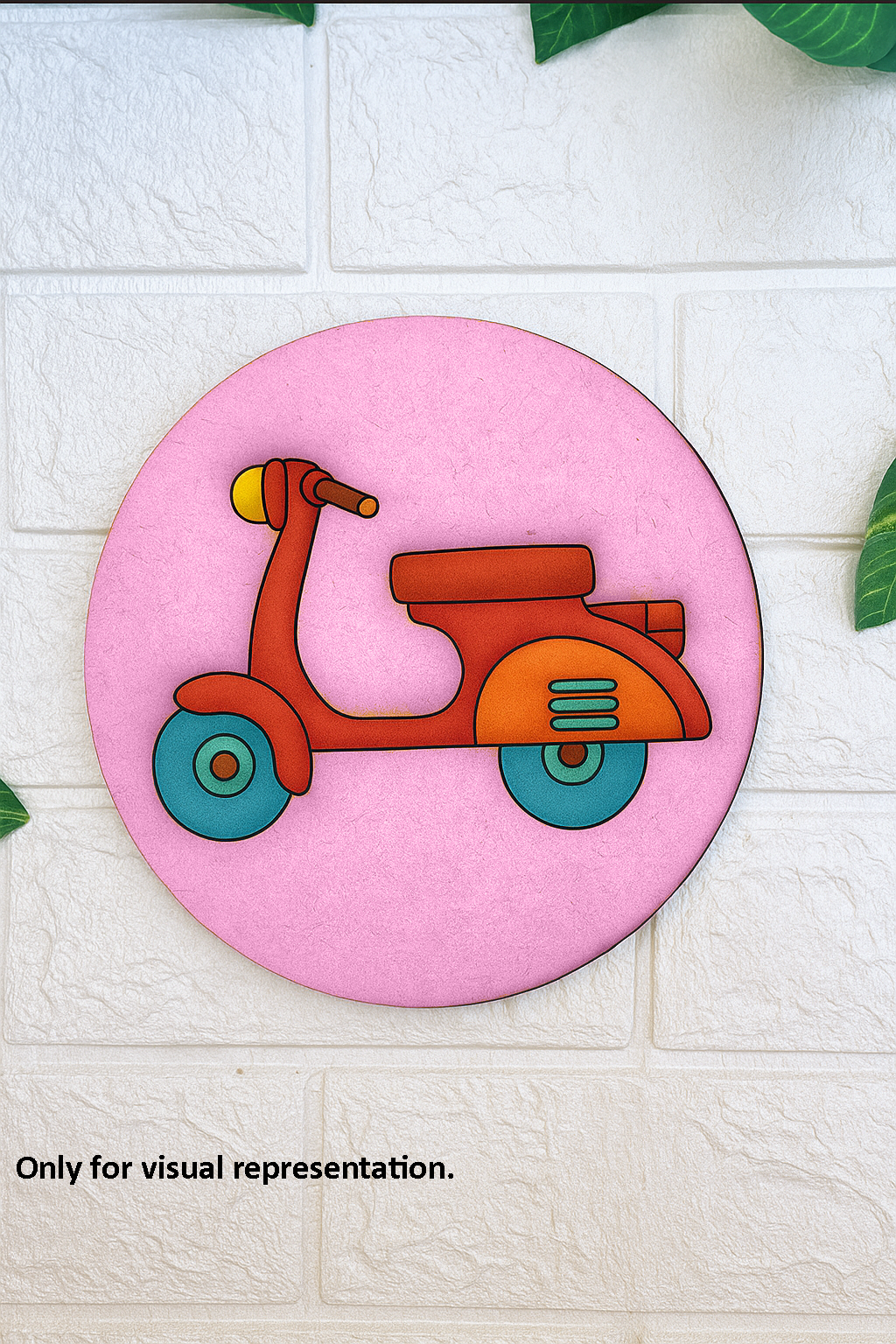 DIY round MDF scooter board painted in bright colors on a pink