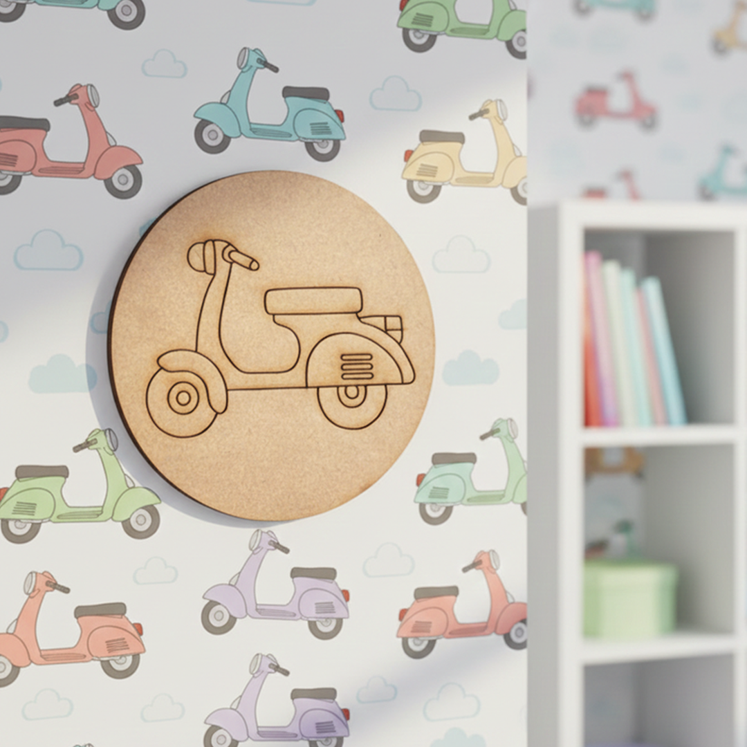 Plain MDF board with pre-marked scooter outline, ready for painting and decoration.