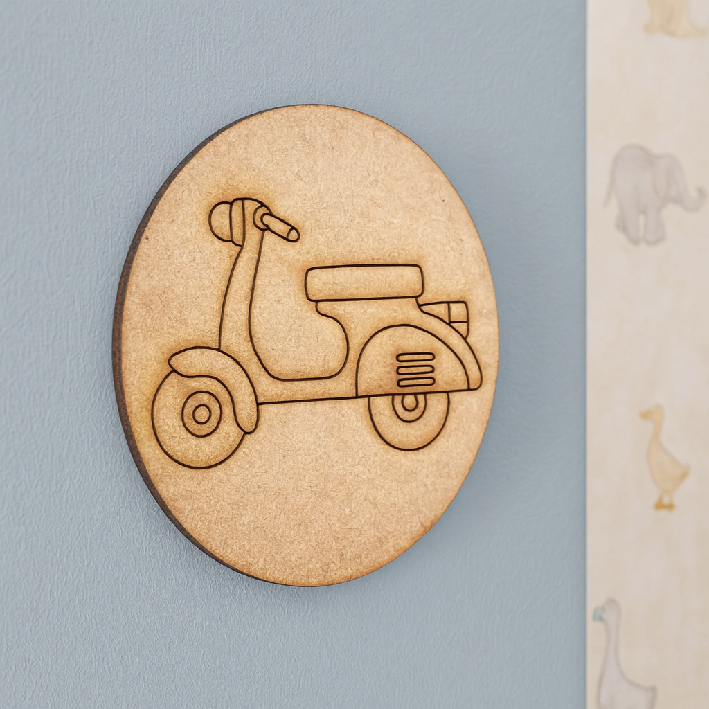 Plain MDF board with pre-marked scooter outline, ready for painting and decoration.