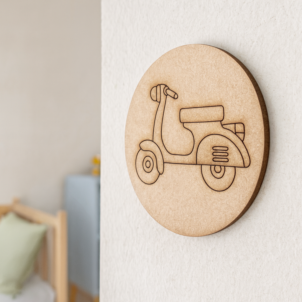 Plain MDF board with pre-marked scooter outline, ready for painting and decoration.