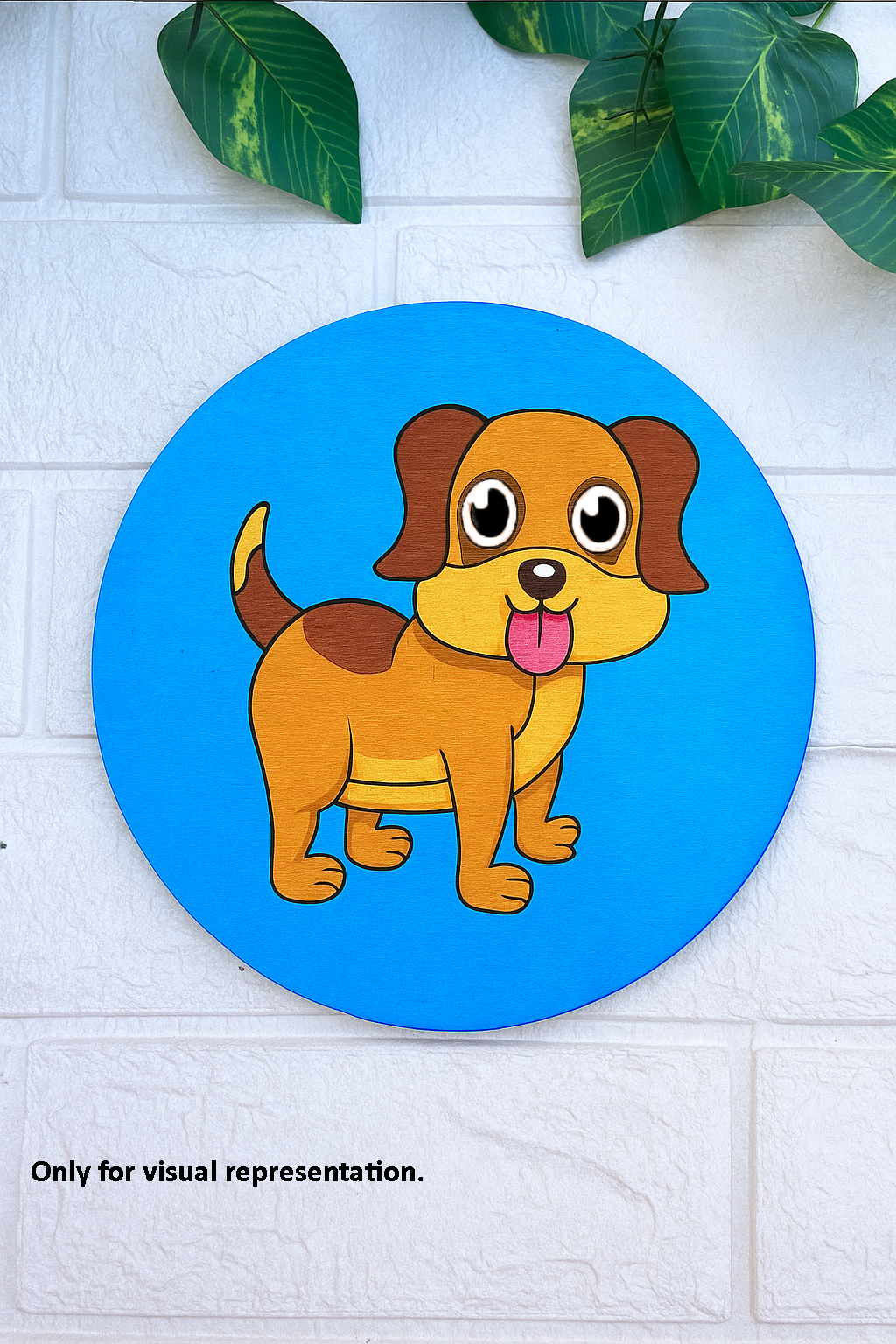DIY round MDF dog board painted in brown and yellow on a blue background