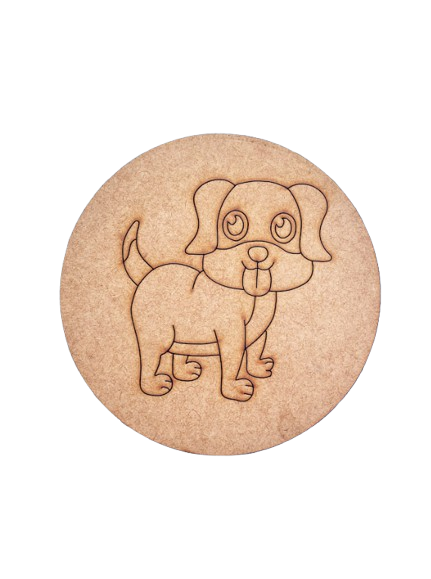 Plain MDF board with pre-marked dog outline, ready for painting and decoration.