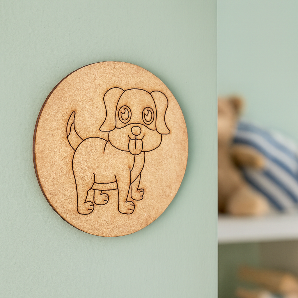 Plain MDF board with pre-marked dog outline, ready for painting and decoration.