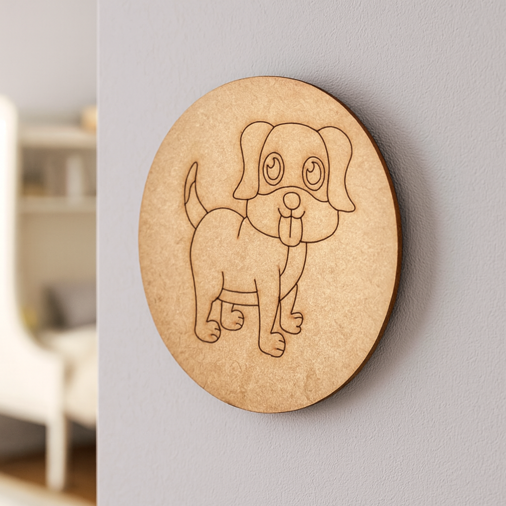 Plain MDF board with pre-marked dog outline, ready for painting and decoration.