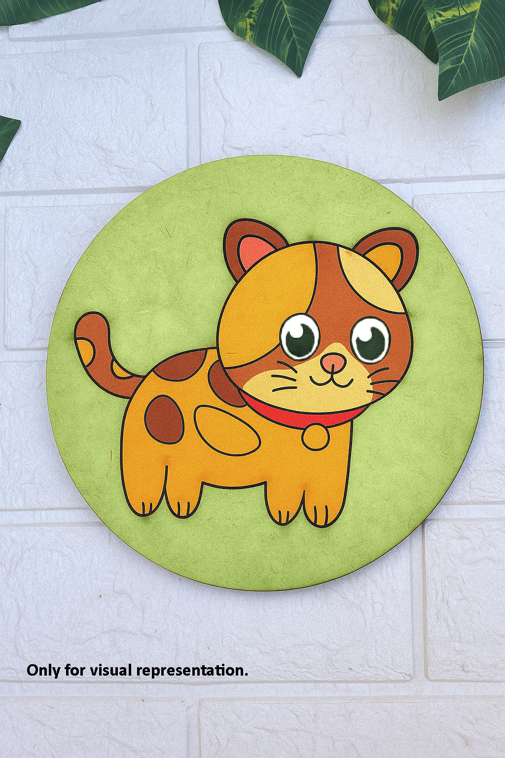 DIY round MDF cat board painted in yellow and brown with green background, for kids