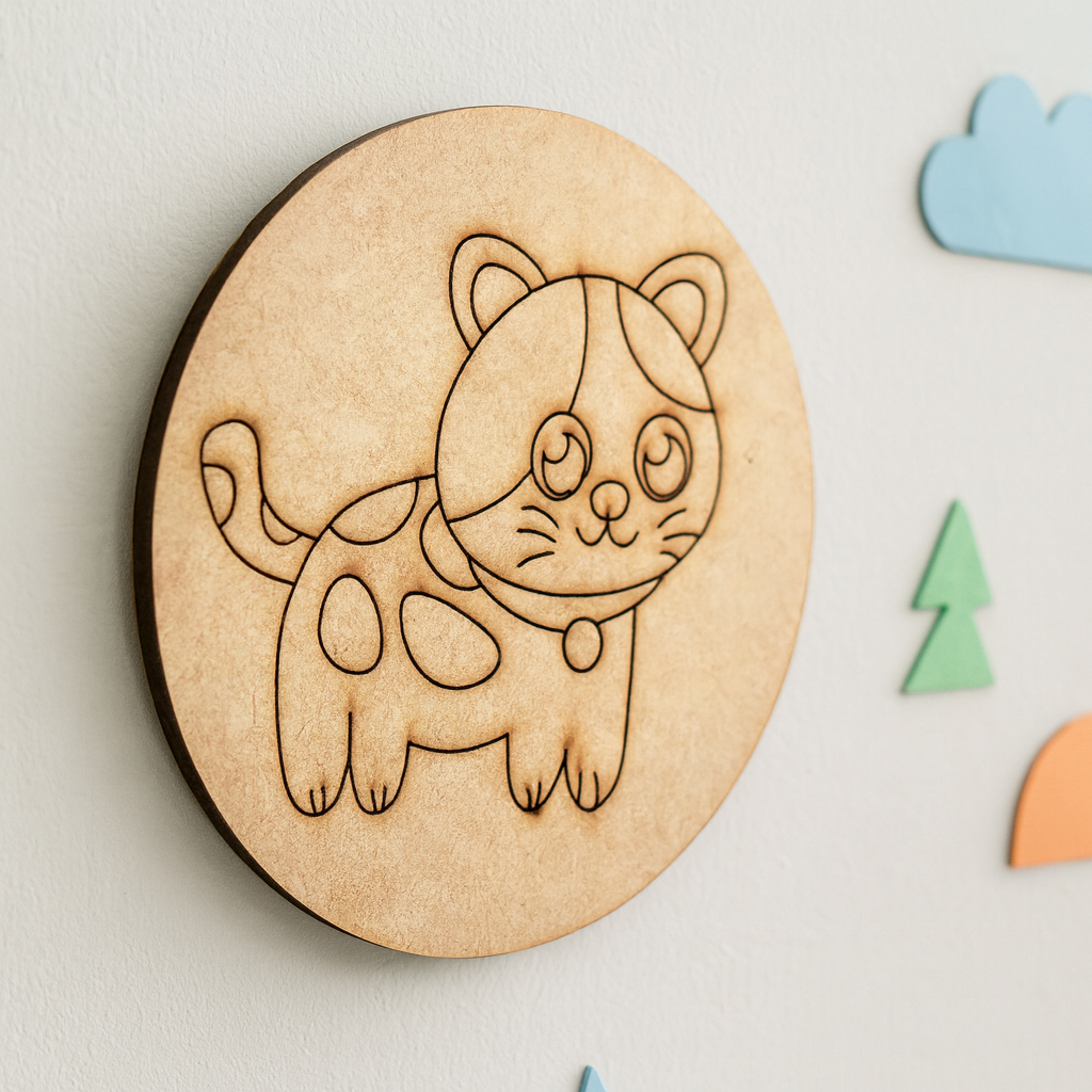 Plain MDF board with pre-marked cat outline, ready for painting and decoration.