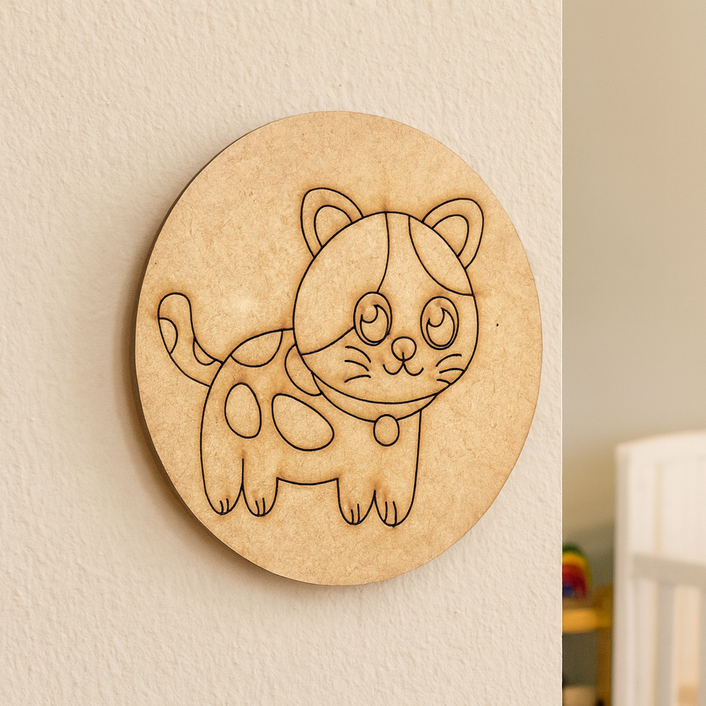 Plain MDF board with pre-marked cat outline, ready for painting and decoration.