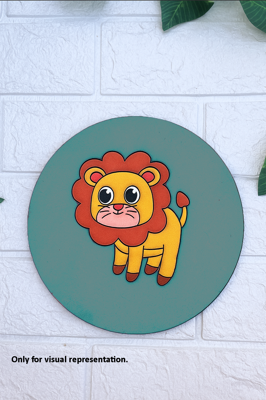 DIY round MDF lion board painted in yellow and brown with green background