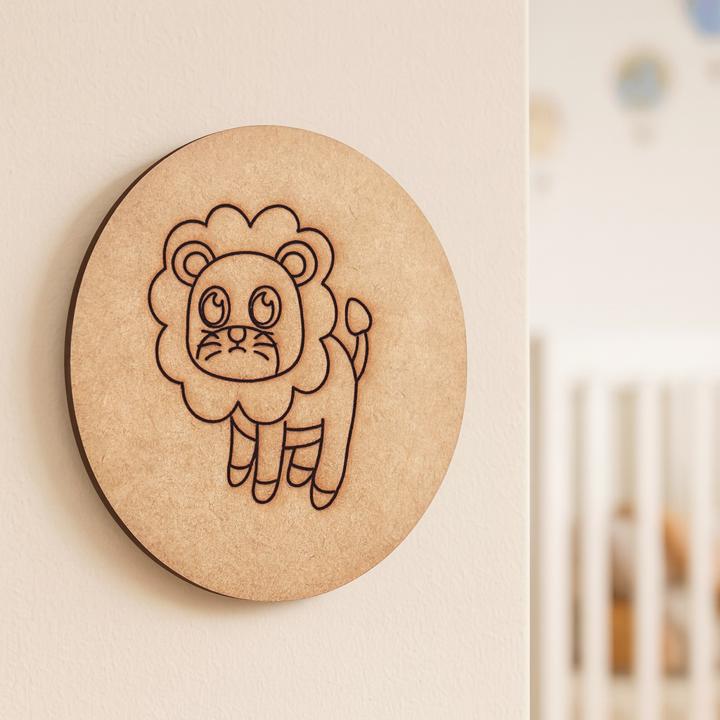 Plain MDF board with pre-marked lion outline, ready for painting and decoration.