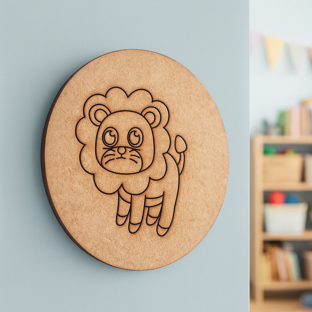 Plain MDF board with pre-marked lion outline, ready for painting and decoration.