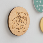 Unpainted round MDF pre-marked base with animal outline for kids DIY painting and craft.
