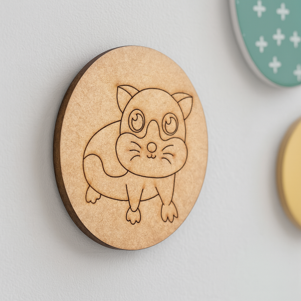 Unpainted round MDF pre-marked base with animal outline for kids DIY painting and craft.