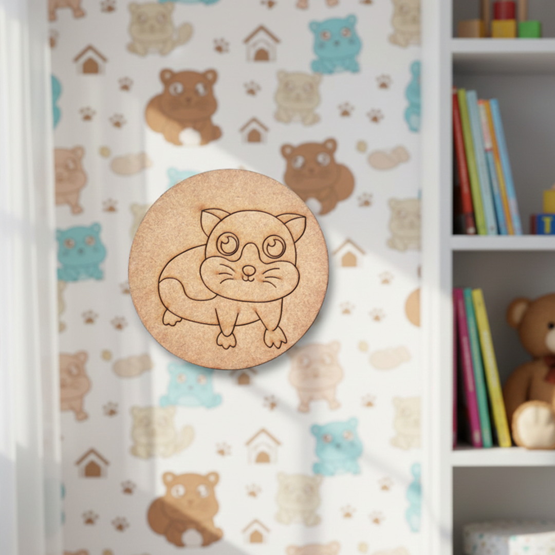 Unpainted round MDF pre-marked base with animal outline for kids DIY painting and craft.