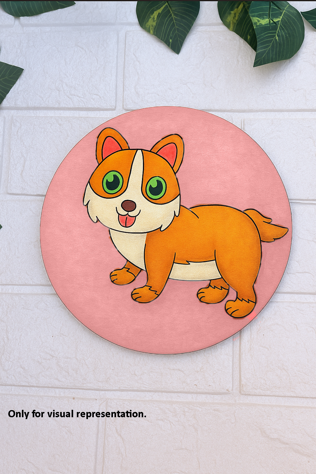Round MDF pre-marked base with cute cartoon dog painted in bright colors for kids DIY craft