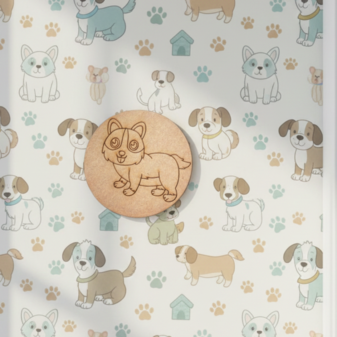 Unpainted round MDF pre-marked dog base for DIY kids painting and craft.