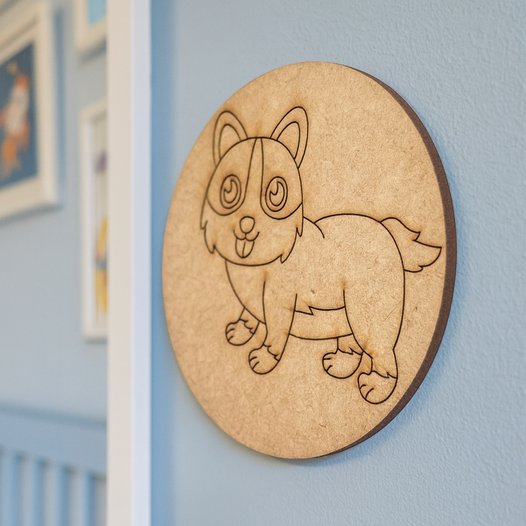Unpainted round MDF pre-marked dog base for DIY kids painting and craft.