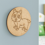 Unpainted round MDF pre-marked dog base for DIY kids painting and craft.