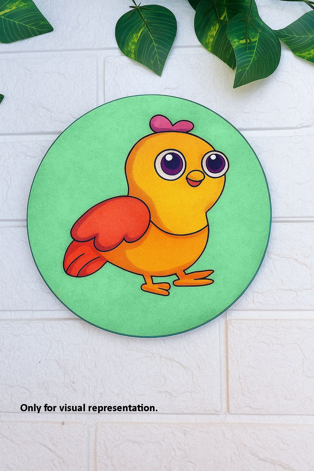 Round MDF pre-marked base with cute cartoon bird painted in bright colors for kids DIY craft