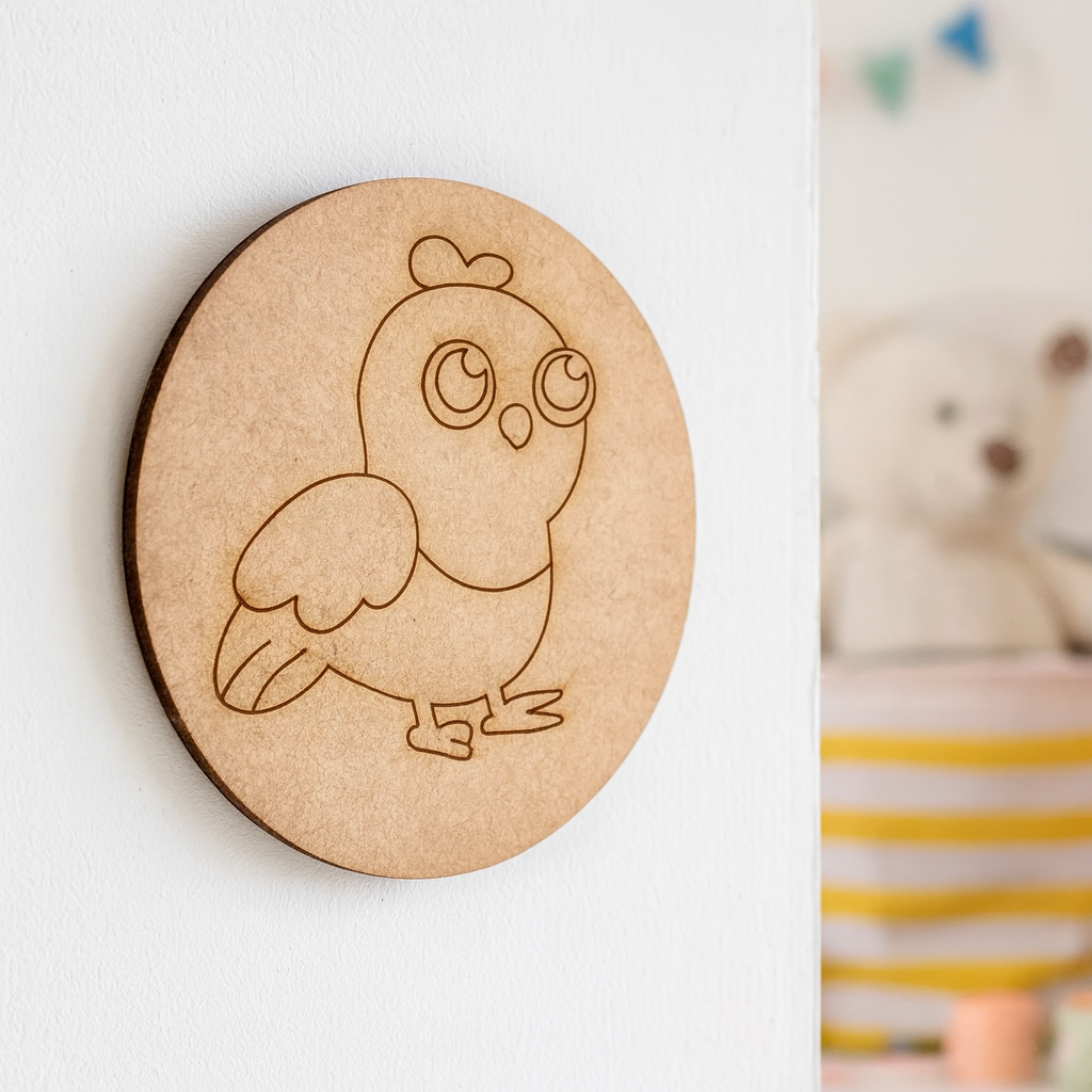 Unpainted round MDF pre-marked bird base for DIY kids painting and craft.