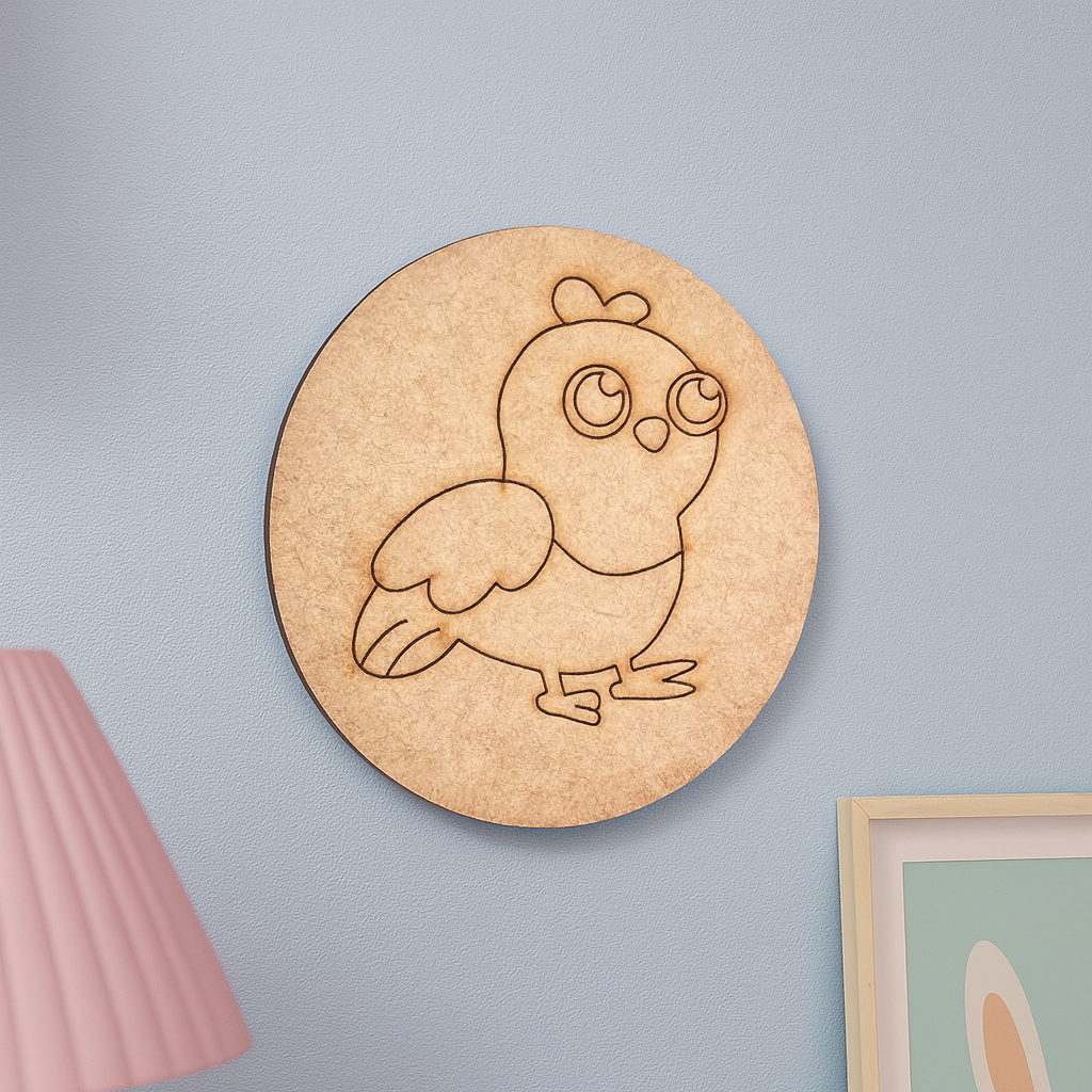 Unpainted round MDF pre-marked bird base for DIY kids painting and craft.