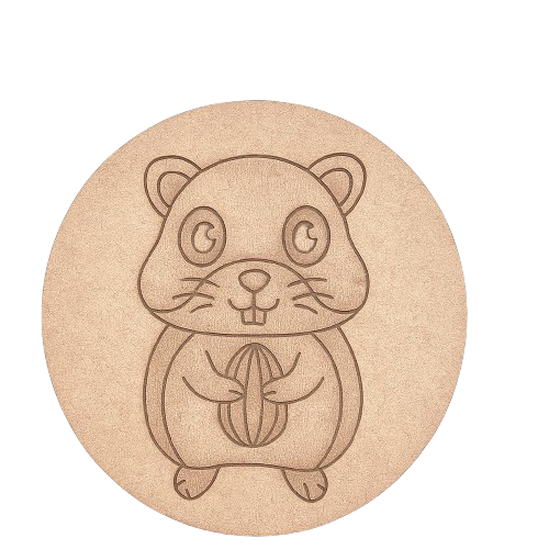 Unpainted round MDF pre-marked hamster base with nut design for DIY kids painting and craft.