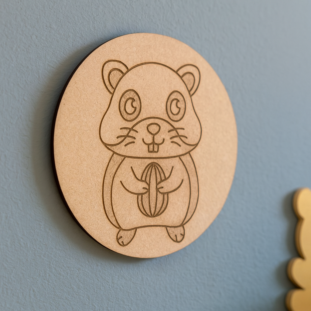 Unpainted round MDF pre-marked hamster base with nut design for DIY kids painting and craft.