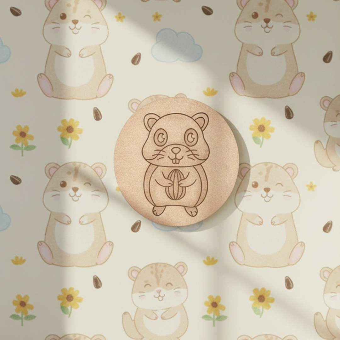 Unpainted round MDF pre-marked hamster base with nut design for DIY kids painting and craft.