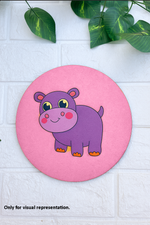 Round MDF pre-marked base with cute cartoon hippo painted in bright colors for kids DIY craft