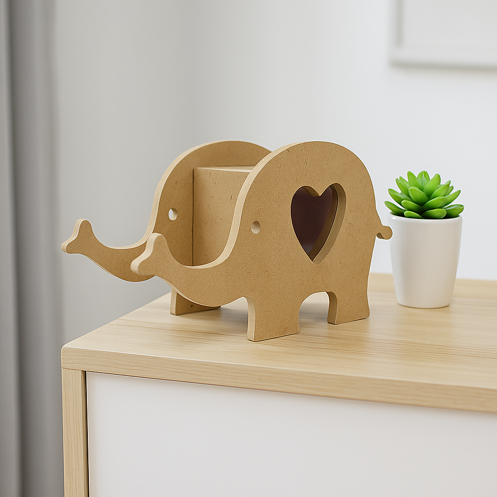 MDF elephant-shaped organizer with heart cutout – decorative sculpture and multi-purpose storage box for home