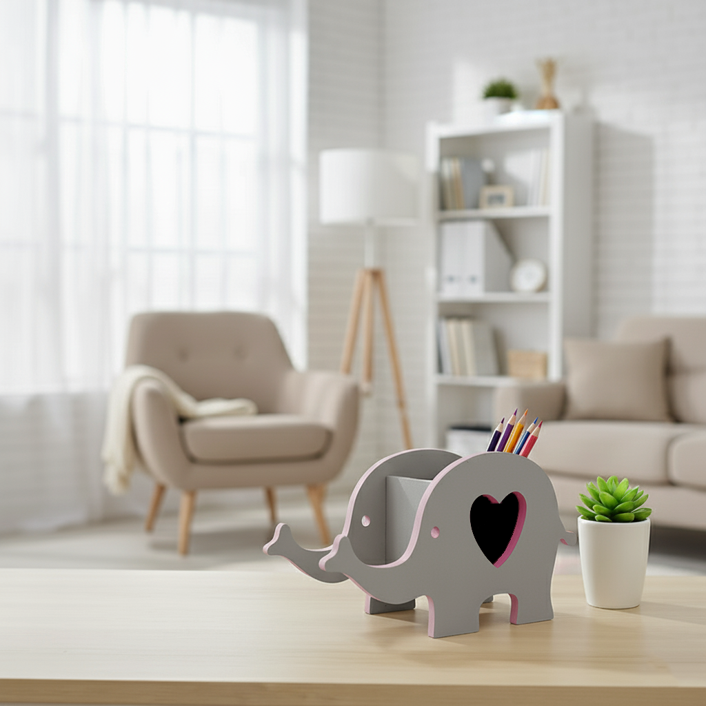 Painted grey MDF elephant pen holder with pink accents holding pencils