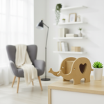 Plain MDF elephant organizer on wooden cabinet in bright reading corner