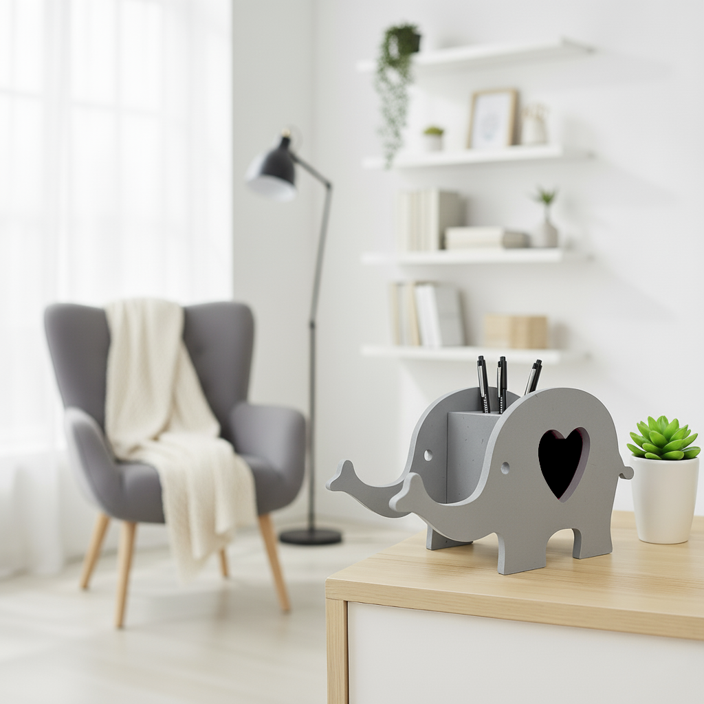 Grey elephant desk organizer with black pens in minimalist study room