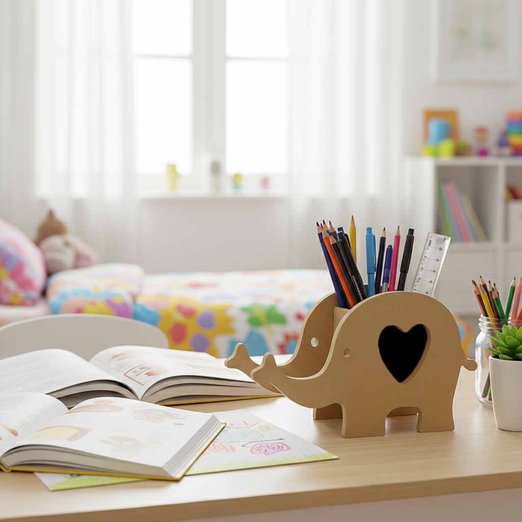 MDF elephant pencil holder on kids’ study table with open books and stationery