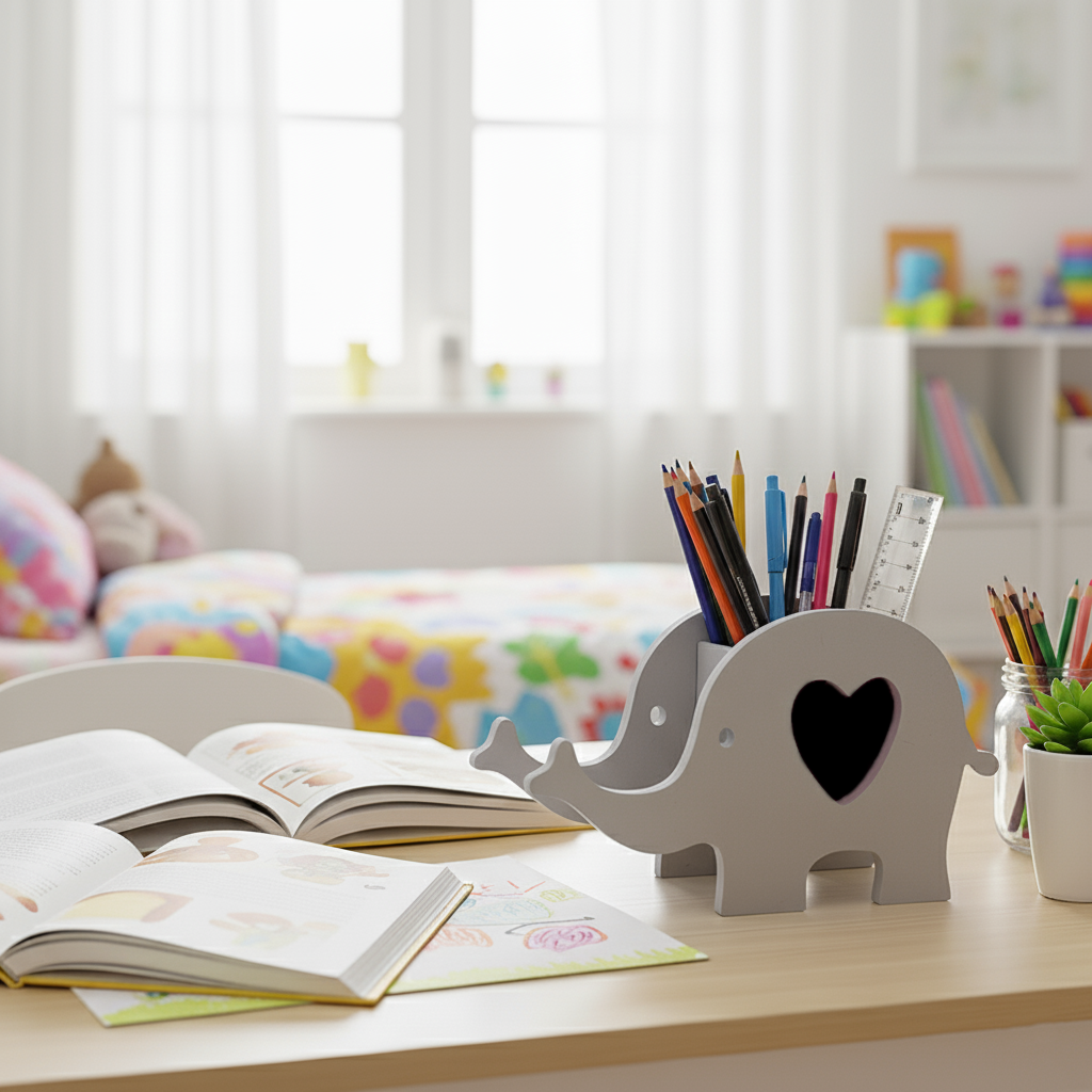 Painted grey MDF elephant pen holder with colorful pencils in kids’ room