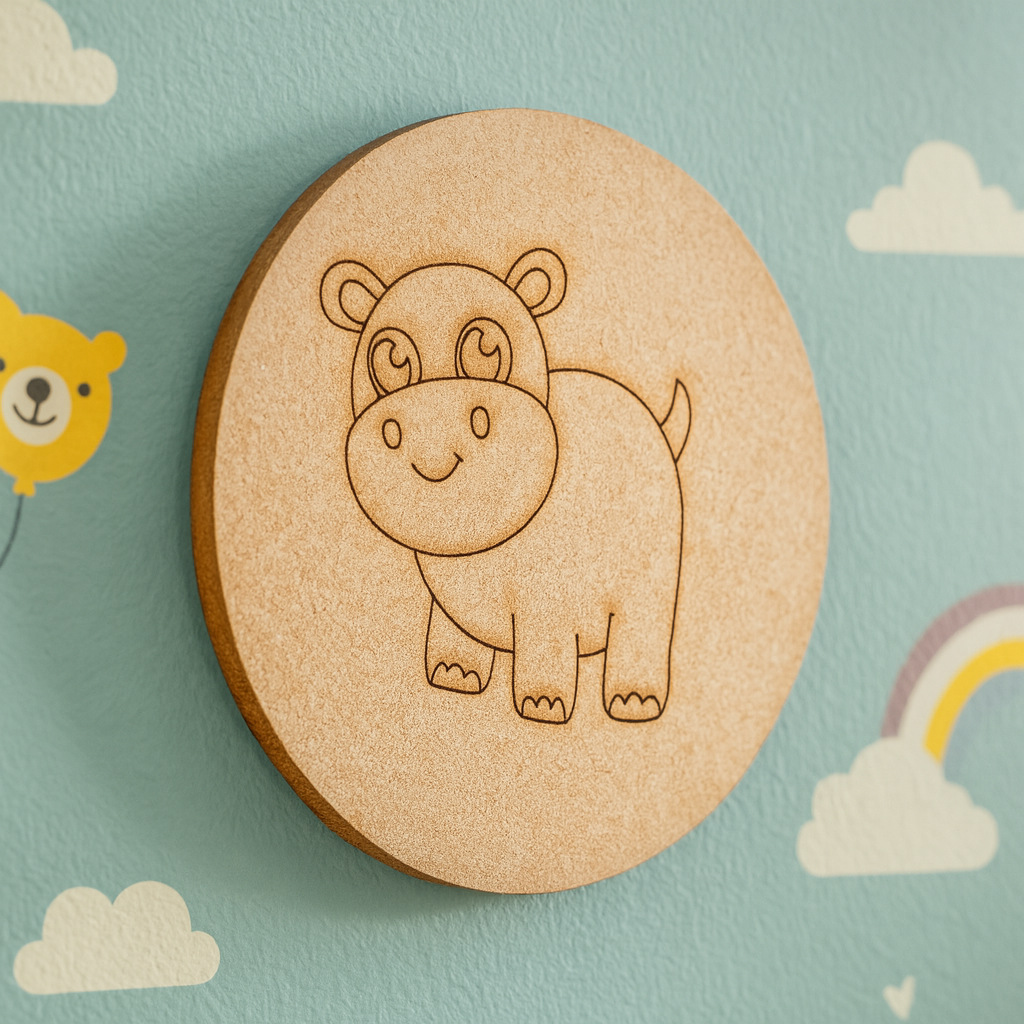 Unpainted round MDF pre-marked hippo base for DIY kids painting and craft.