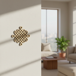 Decorative MDF DIY wall piece on a plain wall with a blurred living room in the background