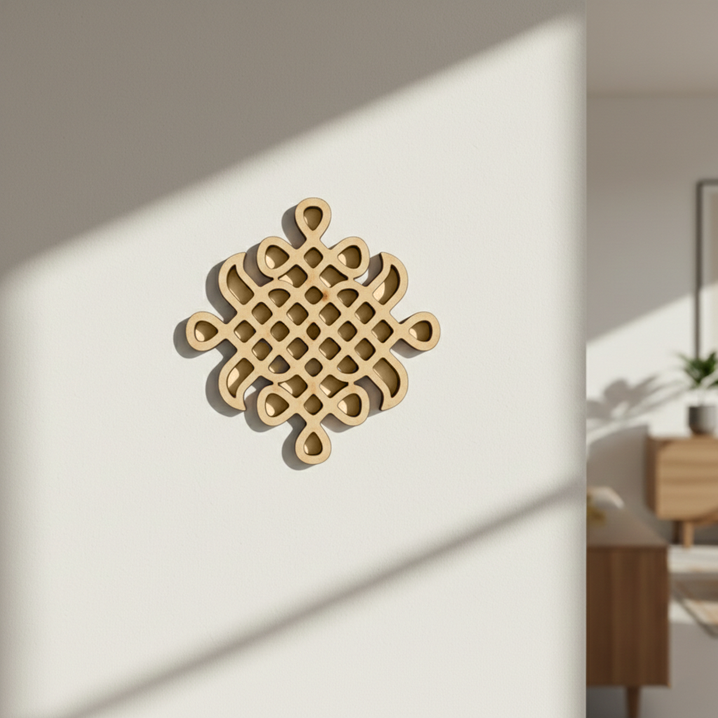 Decorative MDF DIY wall art on a white wall with a modern interior setting.