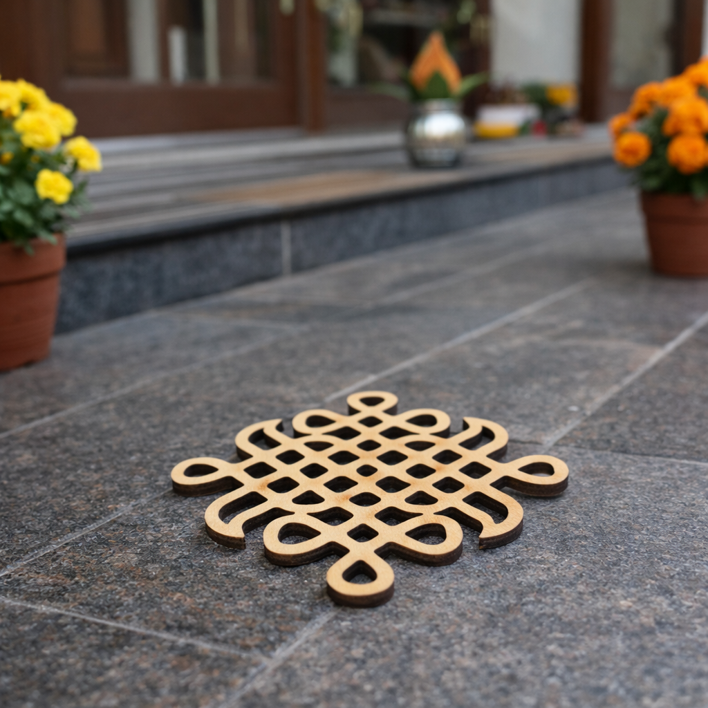 Decorative  MDF DIY kolam art on a stone floor with potted plants in the background