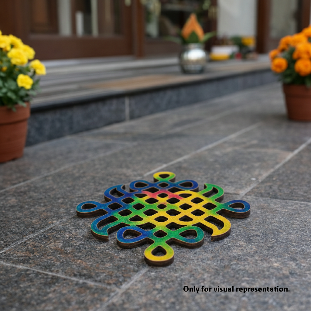 Colorful MDF DIY decorative stone on a stone patio with potted plants in the background