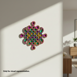 Colorful geometric MDF DIY wall art on a white wall with a blurred room background